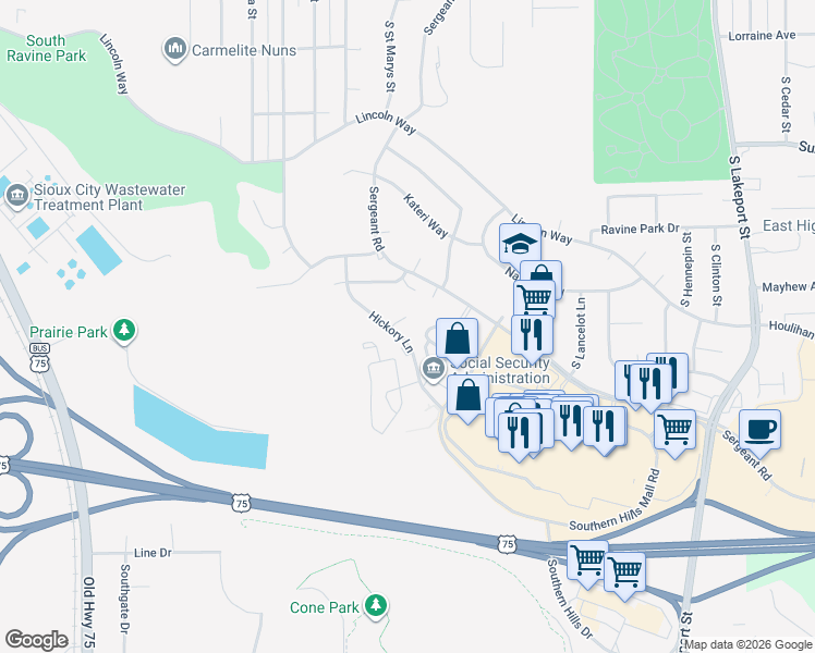 map of restaurants, bars, coffee shops, grocery stores, and more near 3606 Juniper Court in Sioux City