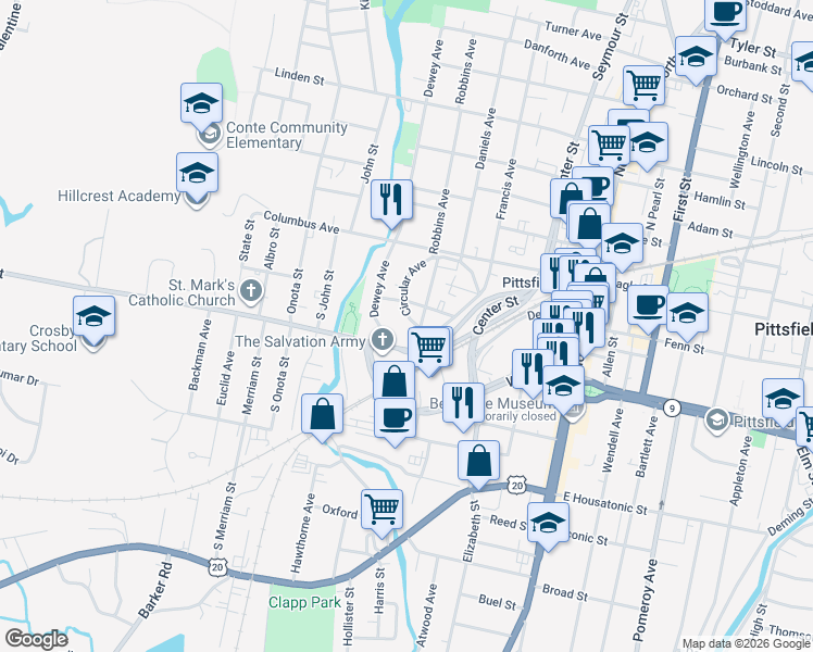 map of restaurants, bars, coffee shops, grocery stores, and more near 15 Circular Avenue in Pittsfield