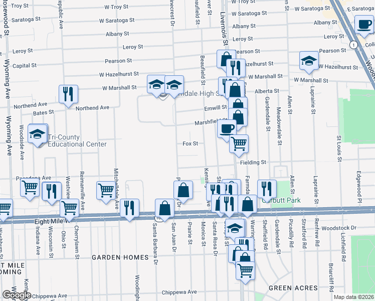 map of restaurants, bars, coffee shops, grocery stores, and more near 1408 Northway Street in Ferndale