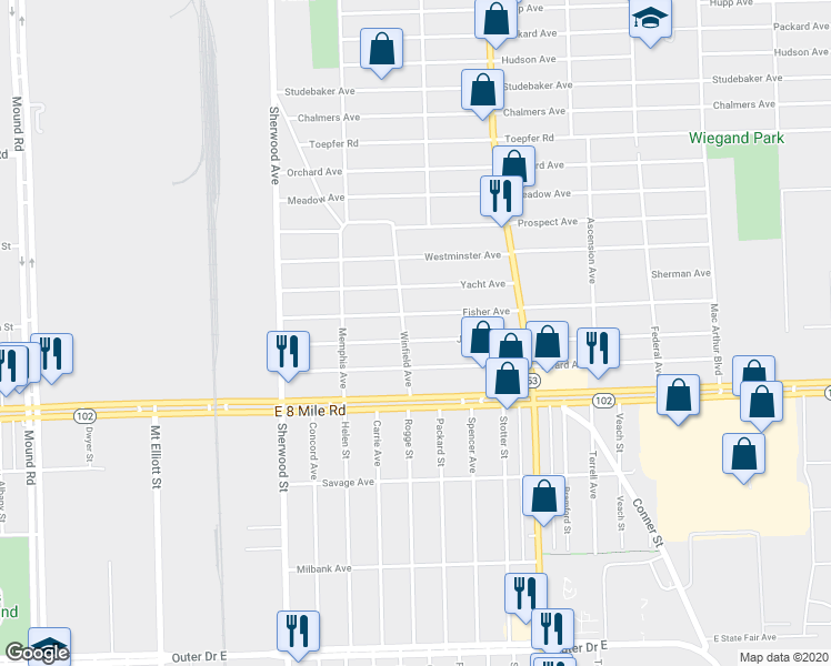 map of restaurants, bars, coffee shops, grocery stores, and more near 7215 Jackson Ave in Warren