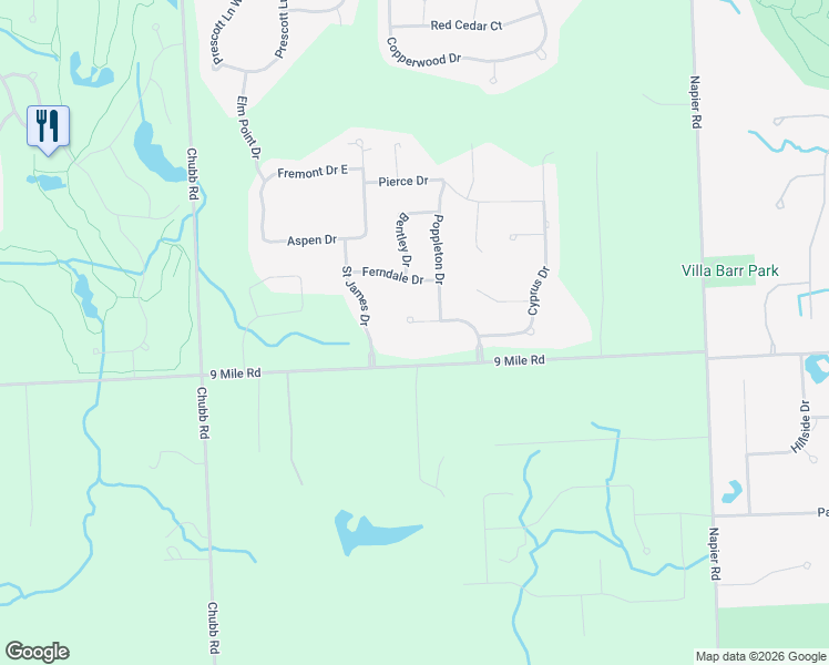 map of restaurants, bars, coffee shops, grocery stores, and more near 52189 Carrington Drive in Northville