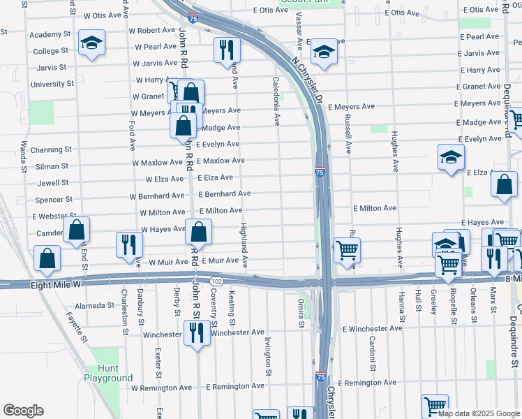 map of restaurants, bars, coffee shops, grocery stores, and more near 550 East Milton Avenue in Hazel Park