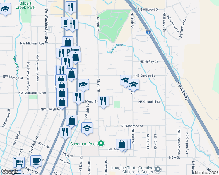 map of restaurants, bars, coffee shops, grocery stores, and more near 721 Northeast Pioneer Way in Grants Pass