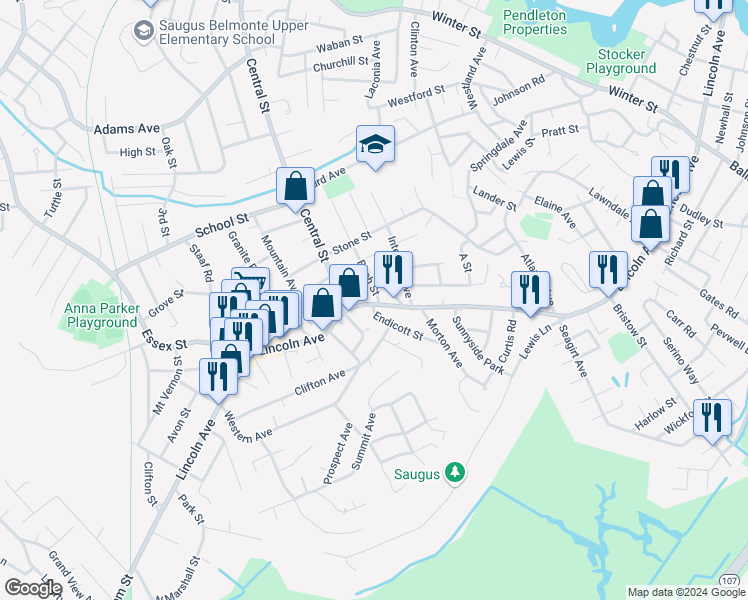 map of restaurants, bars, coffee shops, grocery stores, and more near 371 1/2 Lincoln Avenue in Saugus