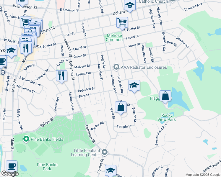 map of restaurants, bars, coffee shops, grocery stores, and more near 72 Whitman Avenue in Melrose