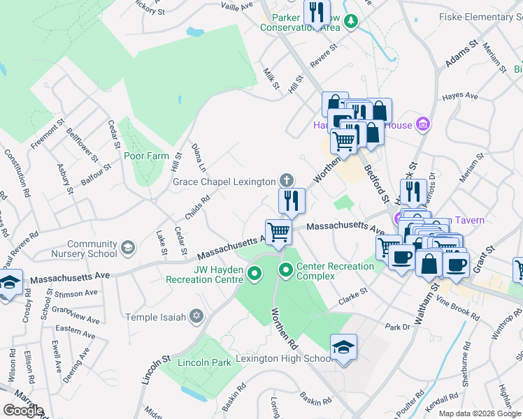 map of restaurants, bars, coffee shops, grocery stores, and more near 19 Stratham Road in Lexington