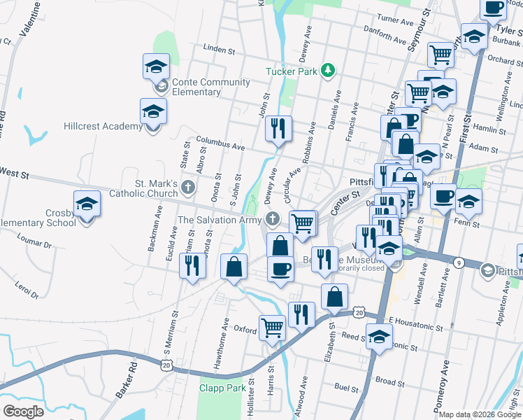 map of restaurants, bars, coffee shops, grocery stores, and more near 292 West Street in Pittsfield