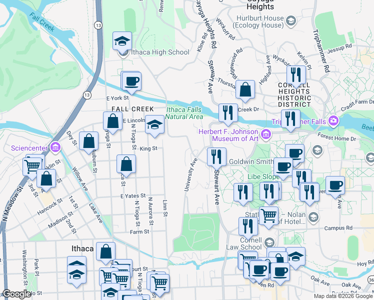 map of restaurants, bars, coffee shops, grocery stores, and more near 106 Lake Street in Ithaca