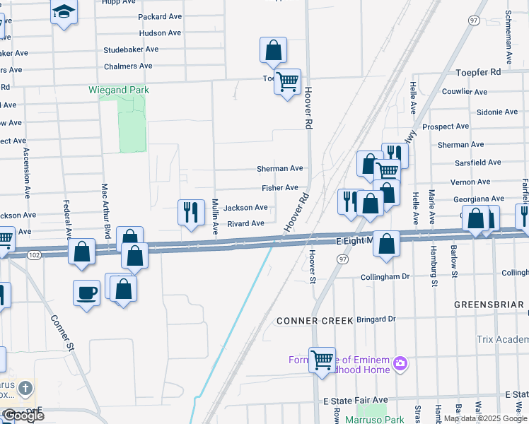 map of restaurants, bars, coffee shops, grocery stores, and more near 11415 Rivard Avenue in Warren