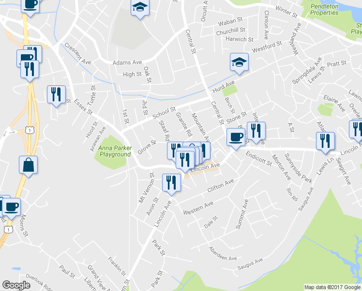 map of restaurants, bars, coffee shops, grocery stores, and more near 14 Raddin Terrace in Saugus