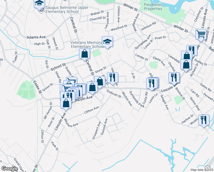 map of restaurants, bars, coffee shops, grocery stores, and more near 371 1/2 Lincoln Avenue in Saugus