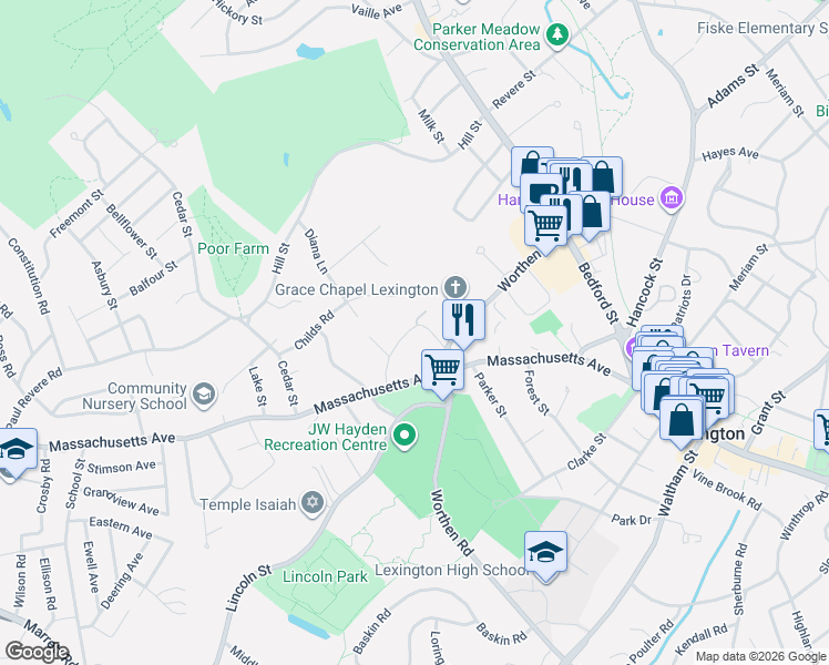map of restaurants, bars, coffee shops, grocery stores, and more near 19 Stratham Road in Lexington