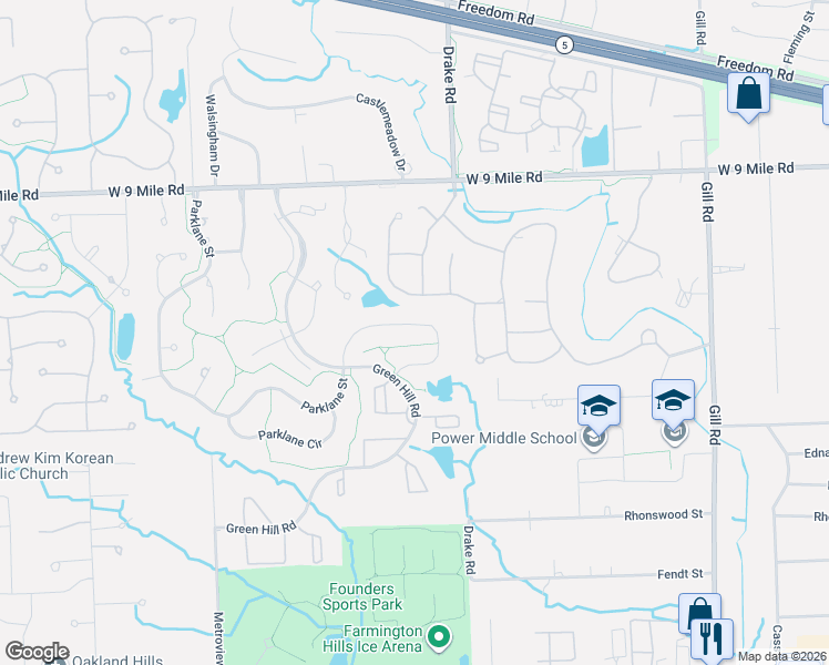 map of restaurants, bars, coffee shops, grocery stores, and more near 21225 Parklane Street in Farmington Hills