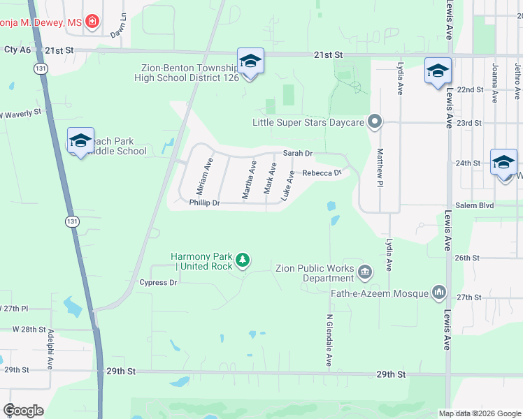 map of restaurants, bars, coffee shops, grocery stores, and more near 2423 Luke Avenue in Zion