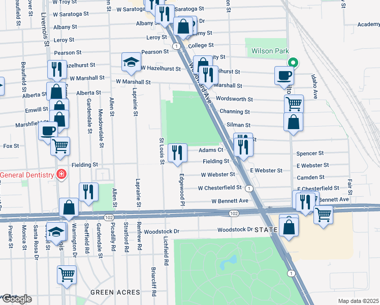 map of restaurants, bars, coffee shops, grocery stores, and more near 378 Fielding Street in Ferndale