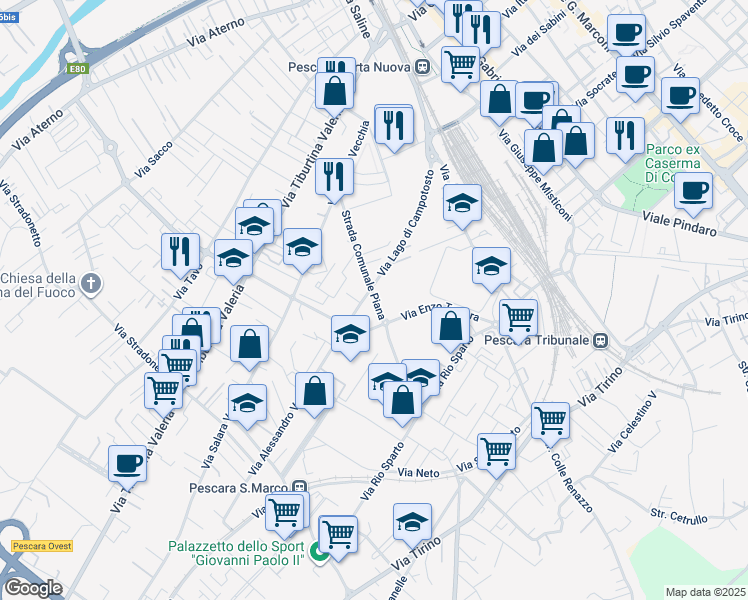 map of restaurants, bars, coffee shops, grocery stores, and more near 41 Strada Comunale Piana in Pescara