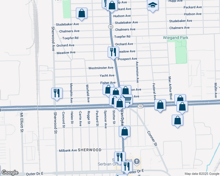 map of restaurants, bars, coffee shops, grocery stores, and more near 7614 Jackson Avenue in Warren