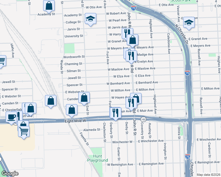 map of restaurants, bars, coffee shops, grocery stores, and more near 143 West Milton Avenue in Hazel Park