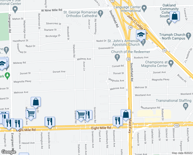 map of restaurants, bars, coffee shops, grocery stores, and more near 21422 Greenview Road in Southfield
