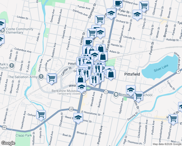 map of restaurants, bars, coffee shops, grocery stores, and more near 100 North Street in Pittsfield