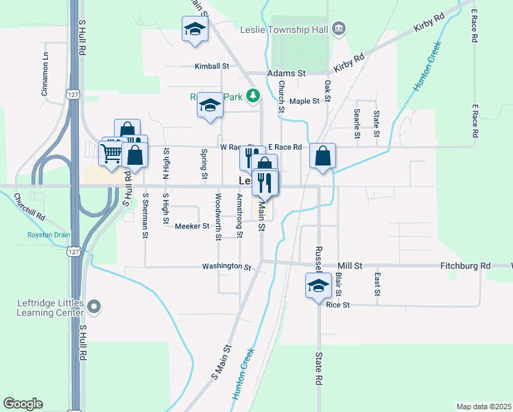 map of restaurants, bars, coffee shops, grocery stores, and more near 144 South Main Street in Leslie