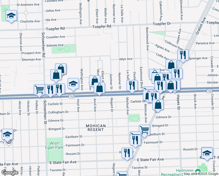 map of restaurants, bars, coffee shops, grocery stores, and more near 20727 Gentner Street in Warren