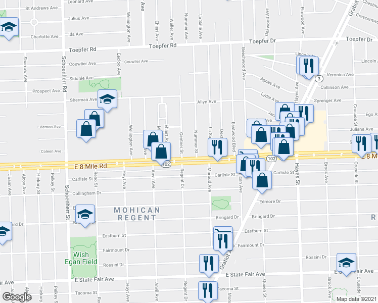 map of restaurants, bars, coffee shops, grocery stores, and more near 14495 East 8 Mile Road in Warren