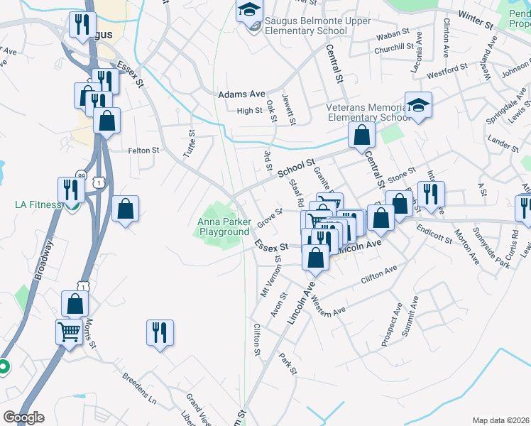 map of restaurants, bars, coffee shops, grocery stores, and more near 4 Johnston Terrace in Saugus