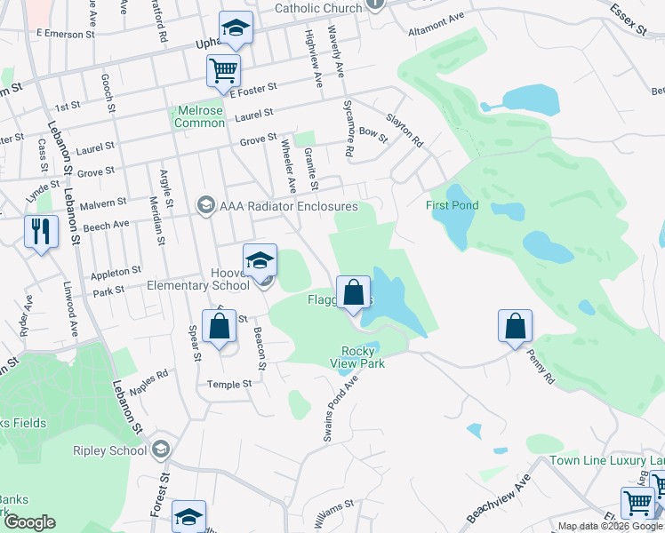 map of restaurants, bars, coffee shops, grocery stores, and more near 340 Swains Pond Avenue in Melrose