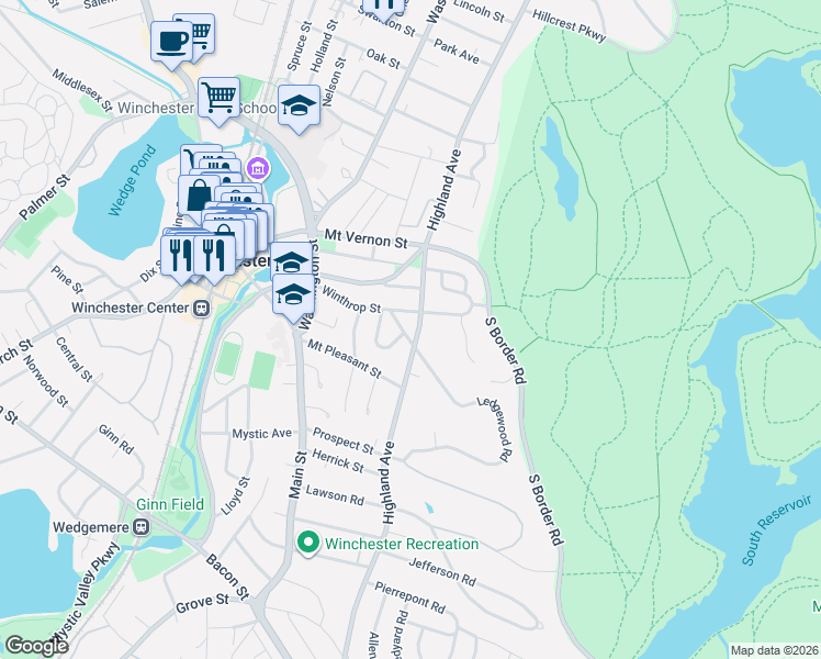 map of restaurants, bars, coffee shops, grocery stores, and more near 29 Crescent Road in Winchester