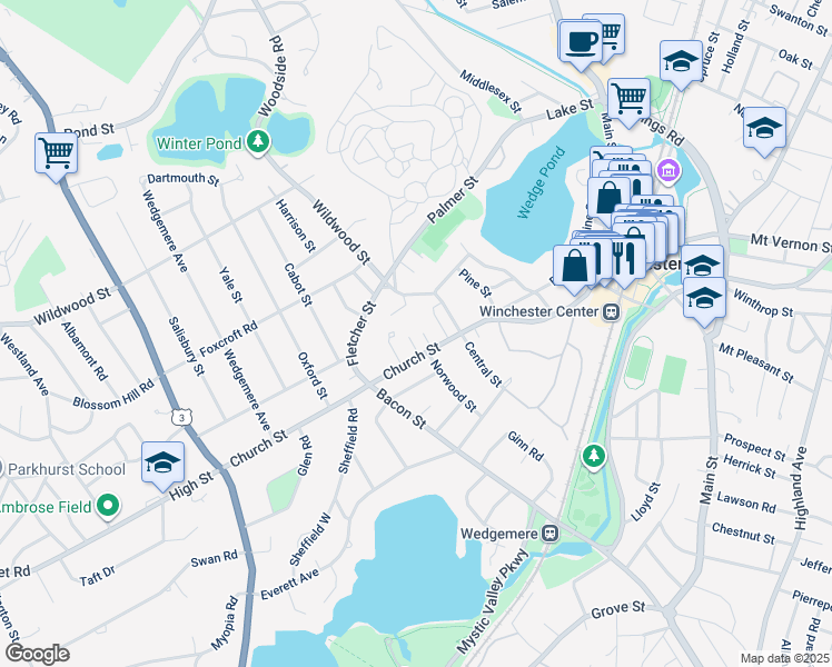 map of restaurants, bars, coffee shops, grocery stores, and more near 77-77A Church Street in Winchester