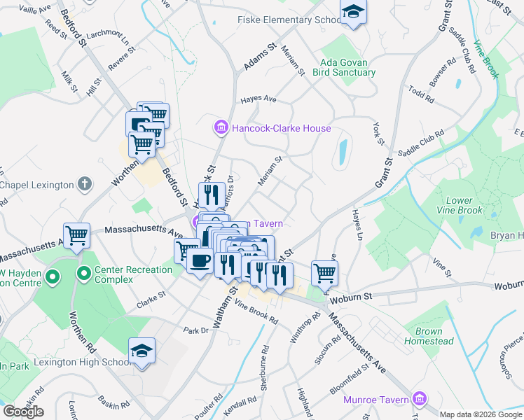 map of restaurants, bars, coffee shops, grocery stores, and more near 5 Stetson Street in Lexington