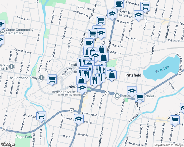 map of restaurants, bars, coffee shops, grocery stores, and more near 100 North Street in Pittsfield