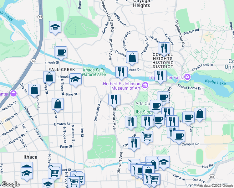map of restaurants, bars, coffee shops, grocery stores, and more near 709 Stewart Avenue in Ithaca