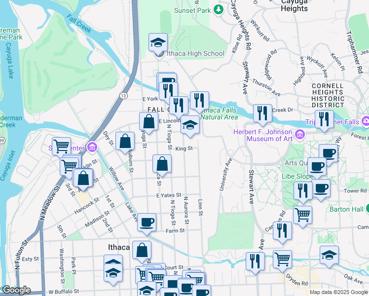 map of restaurants, bars, coffee shops, grocery stores, and more near 202 King Street in Ithaca