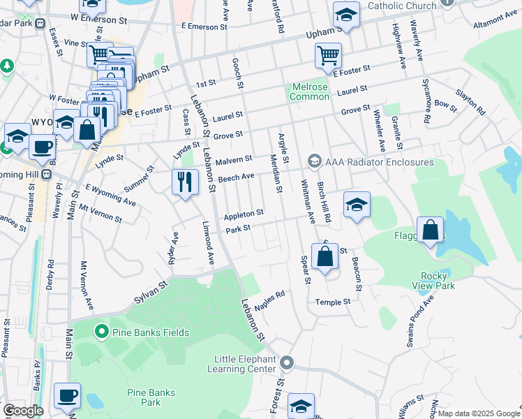 map of restaurants, bars, coffee shops, grocery stores, and more near 16 Elliott Street in Melrose