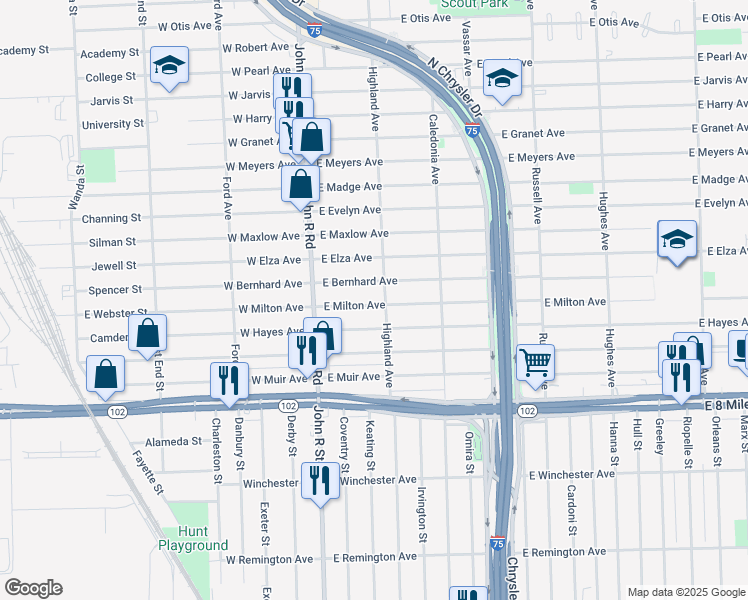 map of restaurants, bars, coffee shops, grocery stores, and more near 423 East Milton Avenue in Hazel Park