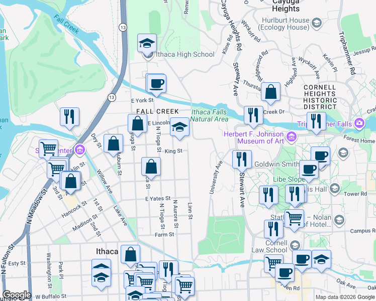 map of restaurants, bars, coffee shops, grocery stores, and more near Linn St & King St in Ithaca