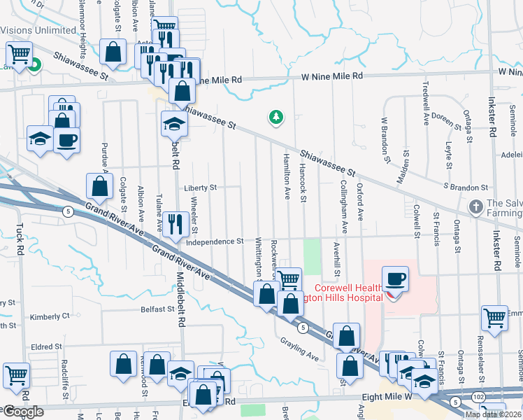 map of restaurants, bars, coffee shops, grocery stores, and more near 21611 Rockwell Street in Farmington Hills