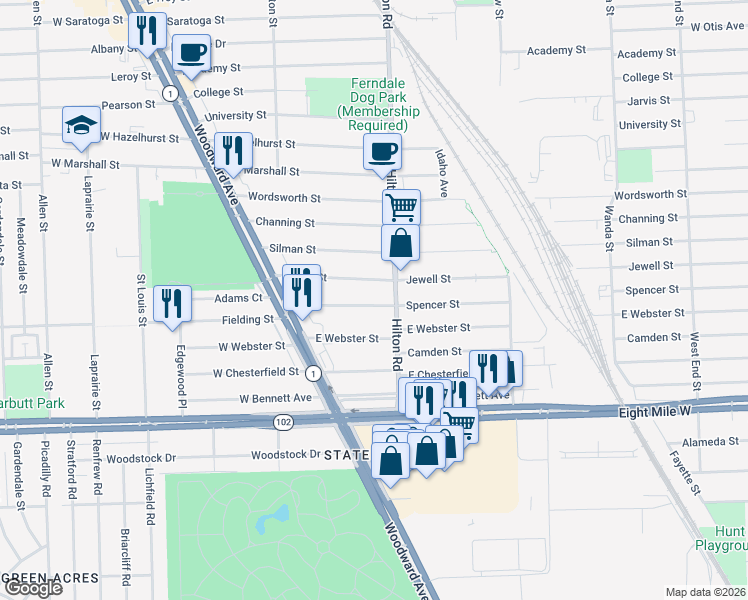 map of restaurants, bars, coffee shops, grocery stores, and more near 314 Spencer Street in Ferndale