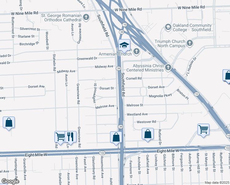 map of restaurants, bars, coffee shops, grocery stores, and more near 18110 Magnolia Avenue in Southfield