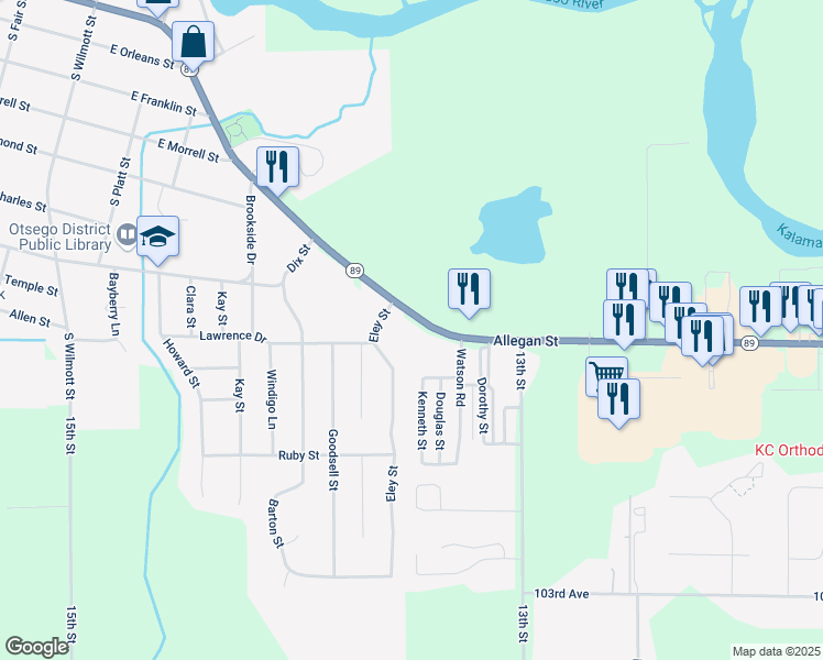 map of restaurants, bars, coffee shops, grocery stores, and more near 1386 Michigan 89 in Otsego