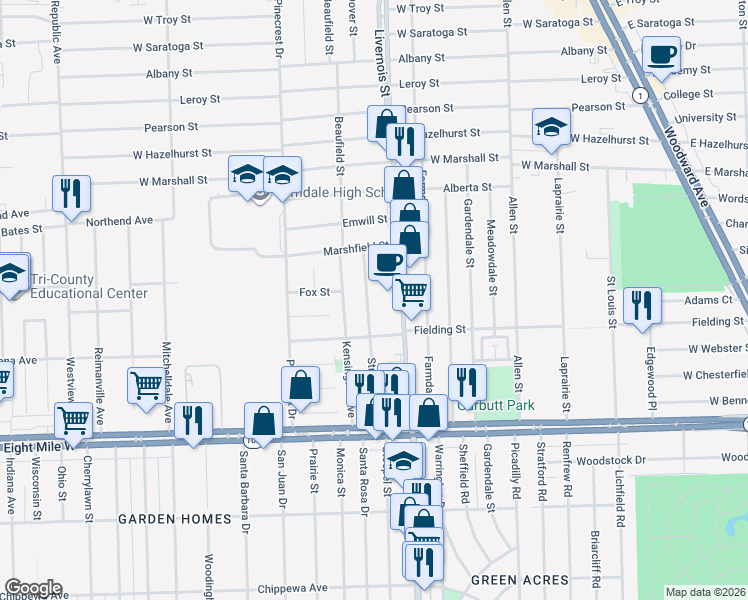 map of restaurants, bars, coffee shops, grocery stores, and more near 530 Stratford Road in Ferndale