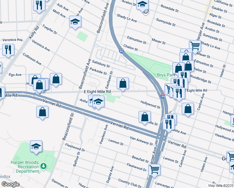 map of restaurants, bars, coffee shops, grocery stores, and more near 19900 East 8 Mile Road in Harper Woods