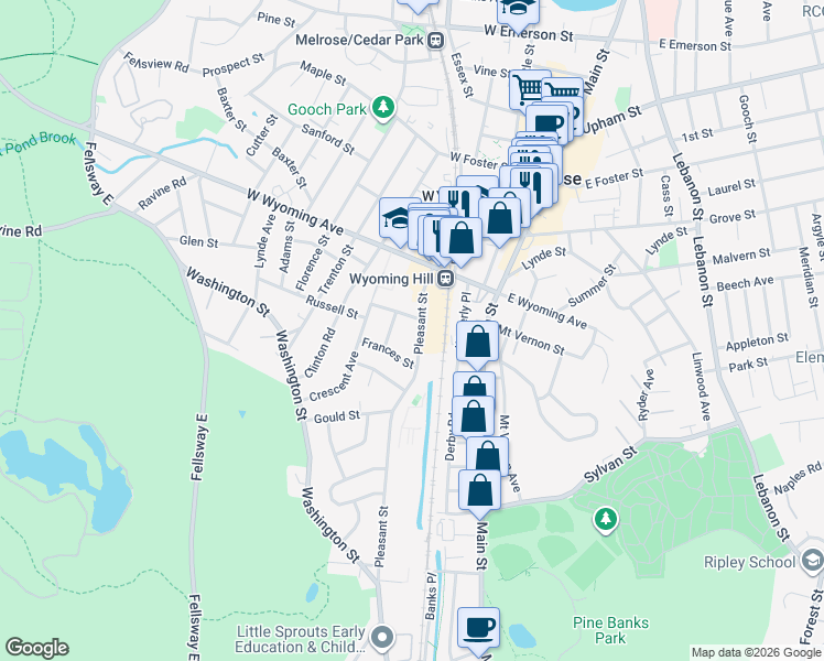 map of restaurants, bars, coffee shops, grocery stores, and more near 3 Bartlett Street in Melrose
