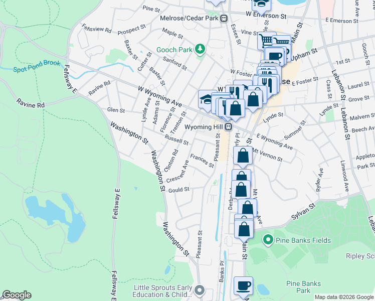 map of restaurants, bars, coffee shops, grocery stores, and more near 80 Crescent Avenue in Melrose