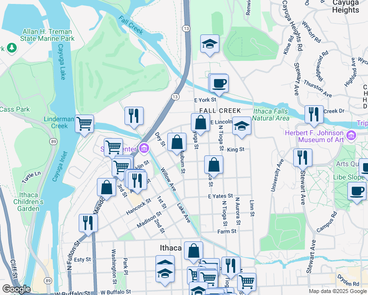 map of restaurants, bars, coffee shops, grocery stores, and more near in Ithaca
