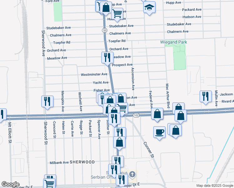 map of restaurants, bars, coffee shops, grocery stores, and more near 20904 Earle Memorial Highway in Warren