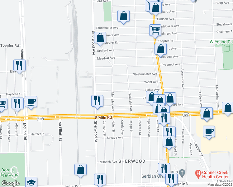 map of restaurants, bars, coffee shops, grocery stores, and more near 7022 Fisher Avenue in Warren
