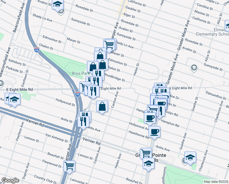 map of restaurants, bars, coffee shops, grocery stores, and more near 21714 Roslyn Road in Harper Woods